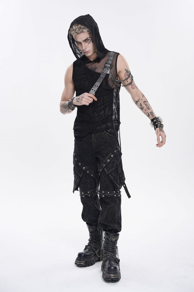 Black Hooded Sheer Asymmetric Chain-Decorated Men's Punk Hooded Vest - Product - 6