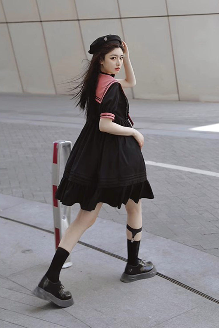 Black Voyage To Atlantis Navy Style Short Sleeves Ruffle Gothic Lolita Dress - Product - 7