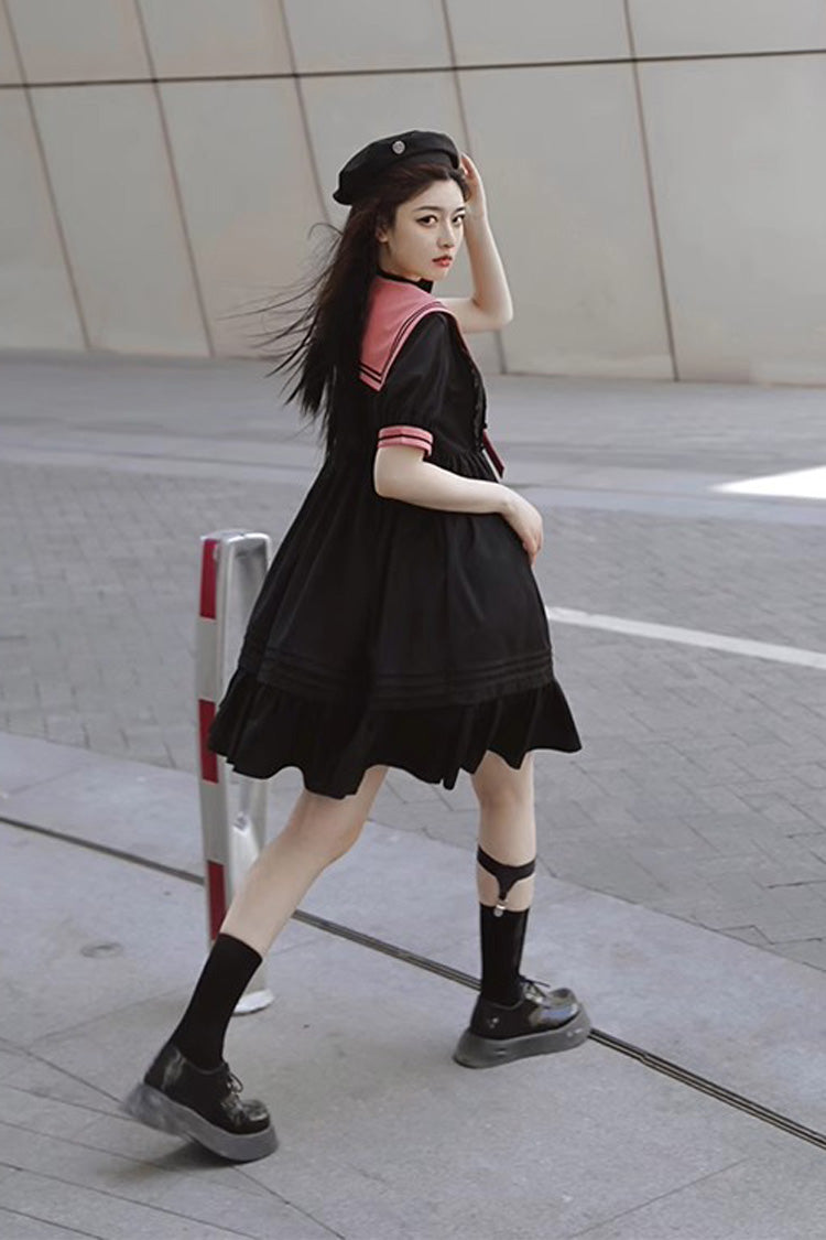 Black Voyage To Atlantis Navy Style Short Sleeves Ruffle Gothic Lolita Dress - Product - 7