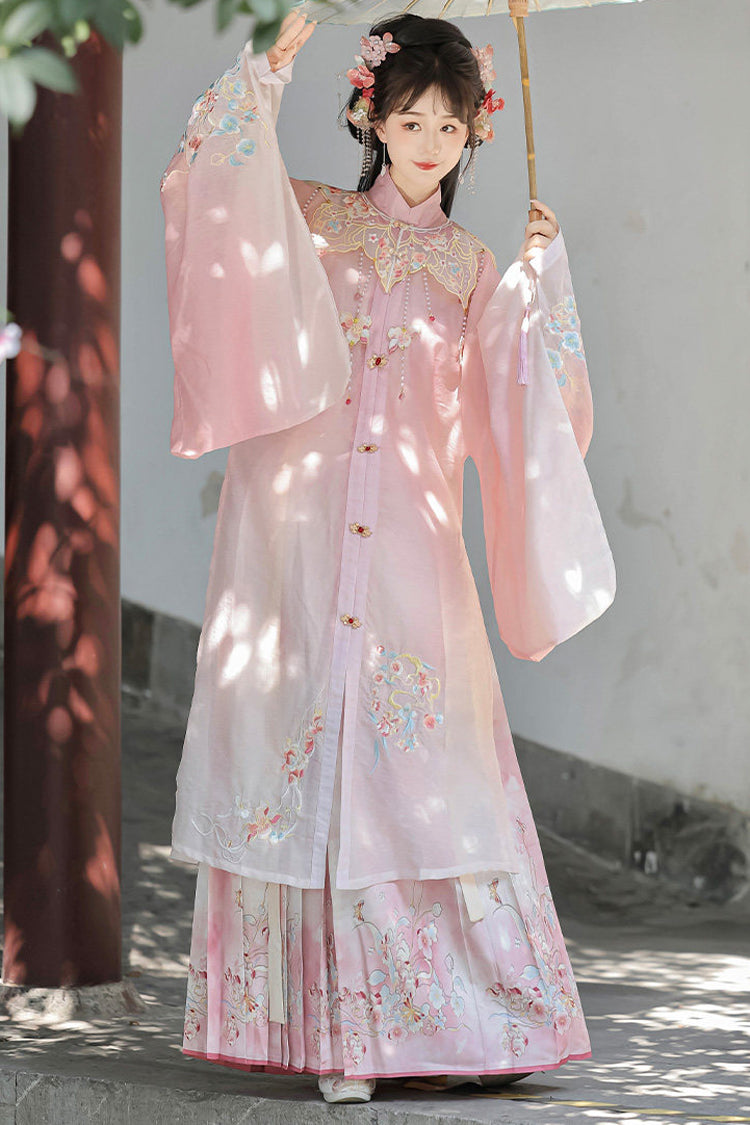 Pink [Spring Scenery Gardens] Collar High Waisted Embroidered Women's Sweet Hanfu Dress Set - Product - 3