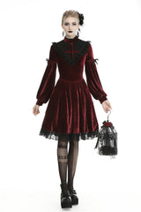 Red Vintage Long Sleeves Lace Collar Cross Women's Gothic Velet Dress - Product - 8