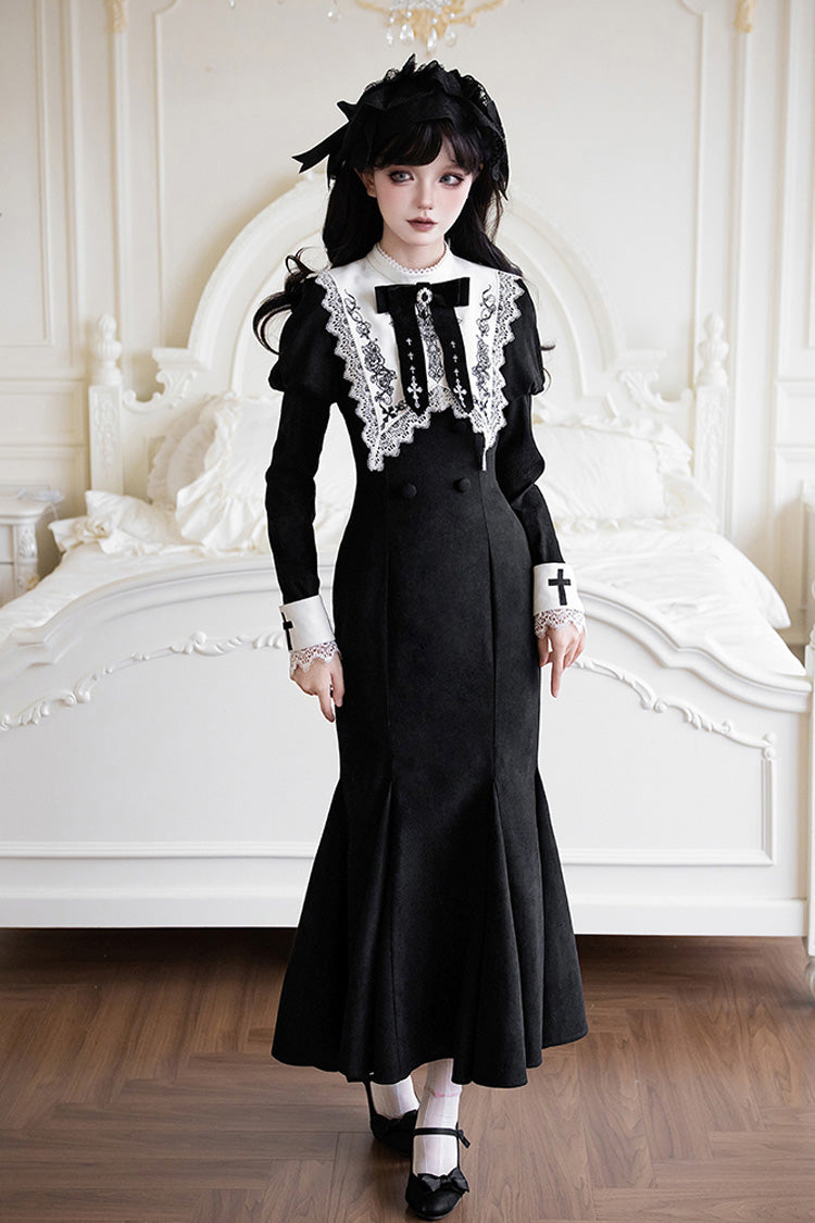 Black/White [Rose Doll] Square Collar Long Sleeves Bowknot Lace-Up Gothic Lolita Dress Set 2 Versions - Black/White - 14