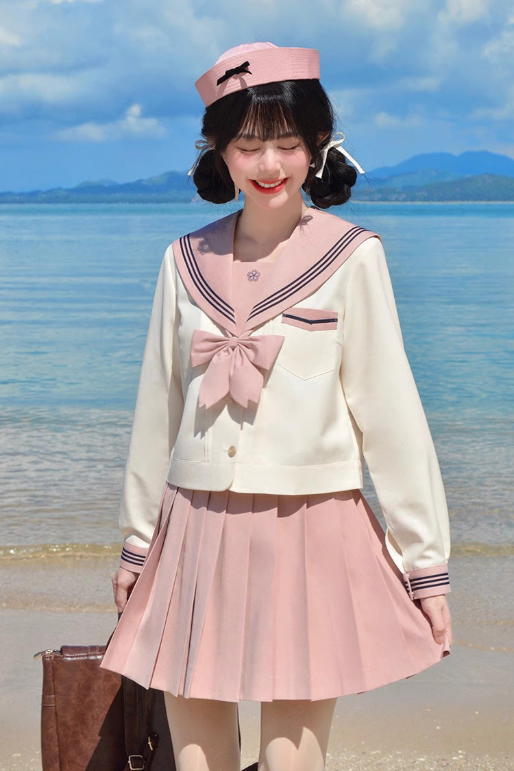 Pink/Ivory Sailor Collar Long Sleeves Sweet Japanese School Skirt Set - Product - 5