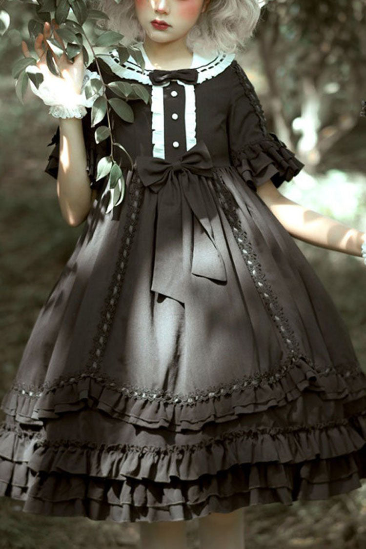 Black Short Sleeves High Waisted Bowknot Ruffled Multi-Layer Gothic Lolita Op Dress - black - 1