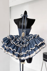 Blue [Milk Rabbit Theater] Halterneck Sleeveless Triple-Layered Ruffle Bowknot Lace-Up Sweet Lolita Jsk Dress - Product - 3