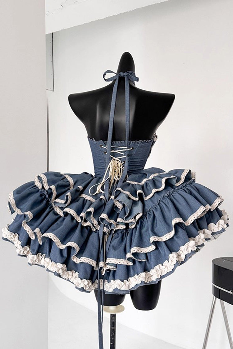 Blue [Milk Rabbit Theater] Halterneck Sleeveless Triple-Layered Ruffle Bowknot Lace-Up Sweet Lolita Jsk Dress - Product - 3