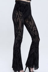 Black Flocked Printed Fabric Elastic Jacquard Elastic at Waist Flared Women's Punk Pants - Product - 3
