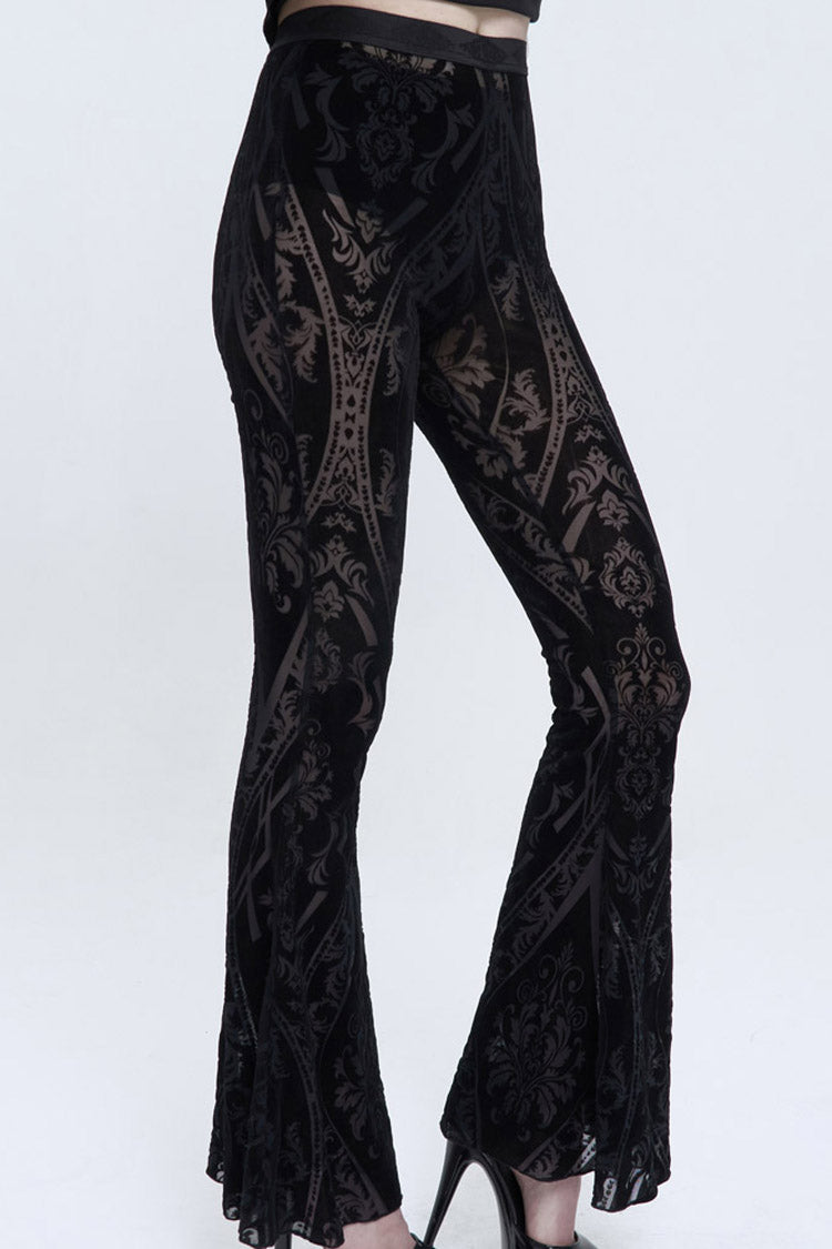 Black Flocked Printed Fabric Elastic Jacquard Elastic at Waist Flared Women's Punk Pants - Product - 3
