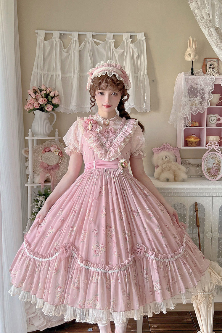 [Daydream Rose] Short Sleeves Floral Jacquard Print Ruffle Embroidery Bowknot Sweet Lolita Dress 3 Colors - Product - 9