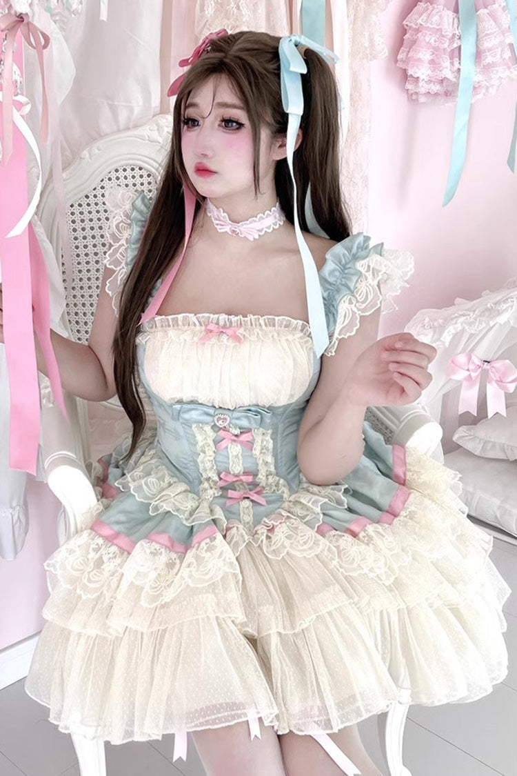 Blue/White [Girly Scent] Triple-Layered Ruffle Bowknot Lace Sweet Ballet Lolita Dress - Product - 6