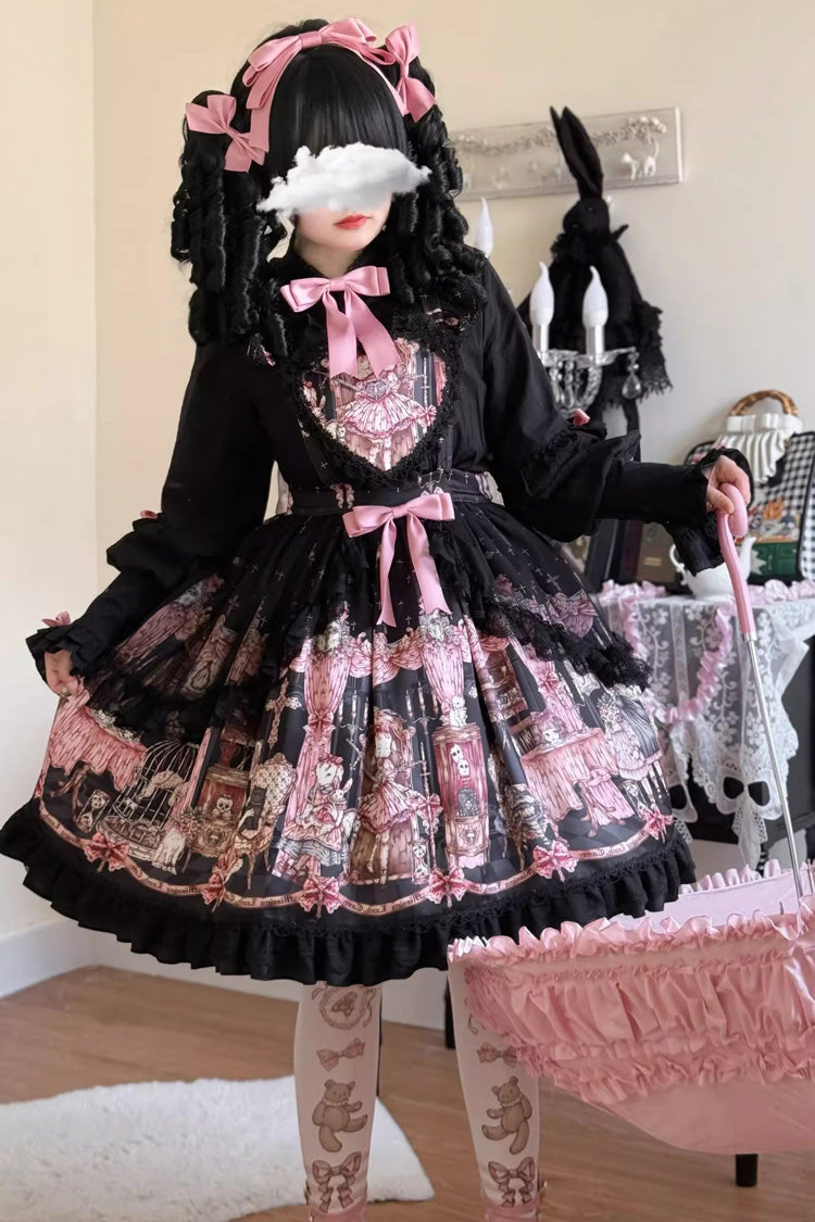 Black [The Case of the Missing Lamb] Print Ruffle Bowknot Lace Gothic Lolita SK Skirt - Product - 7