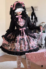 Black [The Case of the Missing Lamb] Print Ruffle Bowknot Lace Gothic Lolita SK Skirt - Product - 7