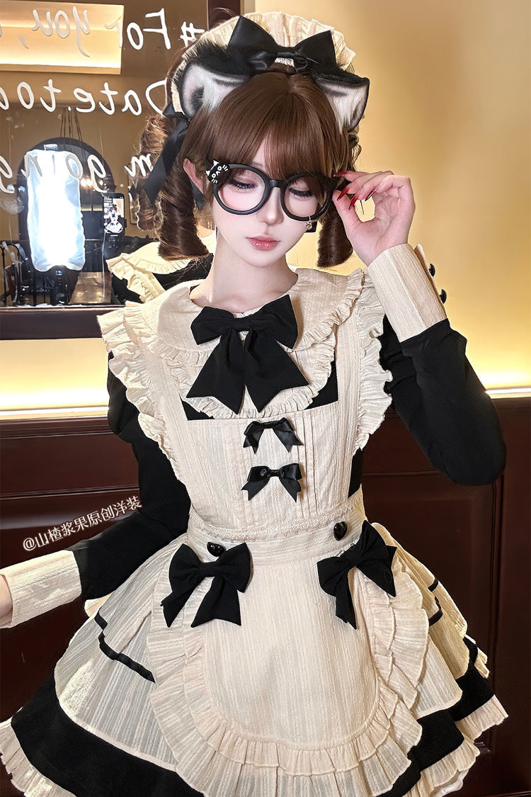 Black Lapel Collar Short Sleeves Ruffled Bow Sweet Elegant Maid Halloween Lolita Dress - Product - 8