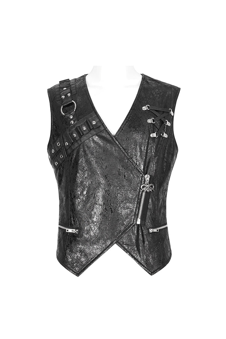 Black Zipper Faux Leather Men's Punk Waistcoat - Product - 9