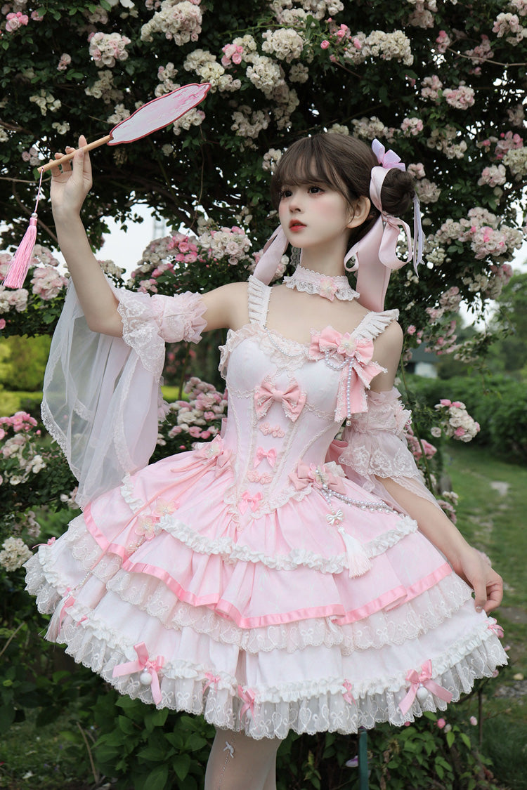 Pink [Prelude of Spring Cherry] Square Collar Sleeveless Multi-Layered Jacquard Ruffled Bow Lace Pearl-Decorated Sweet Lolita Jsk Dress - Product - 3