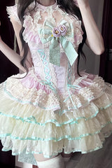 Purple [Flower Language of Eros] Halterneck Multi-Layered Ruffle Bowknot Rose Lace Lace-Up Sweet Ballet Lolita Jsk Dress - Product - 3
