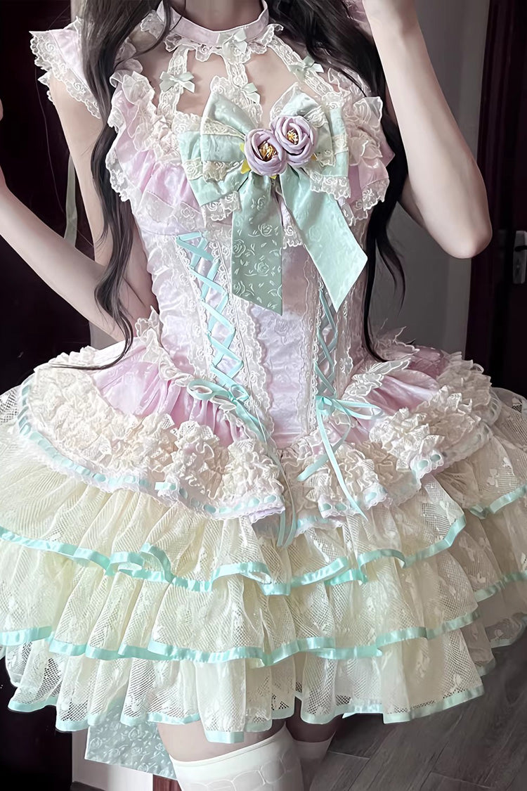 Purple [Flower Language of Eros] Halterneck Multi-Layered Ruffle Bowknot Rose Lace Lace-Up Sweet Ballet Lolita Jsk Dress - Product - 3