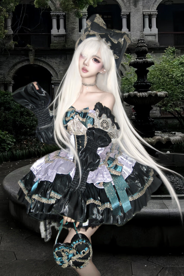 Green/Purple [The Little Mermaid's Tears] Sleeveless Multi-Layered Ruffled Bow Lace-Up Sweet Ballet Lolita Dress - Product - 2