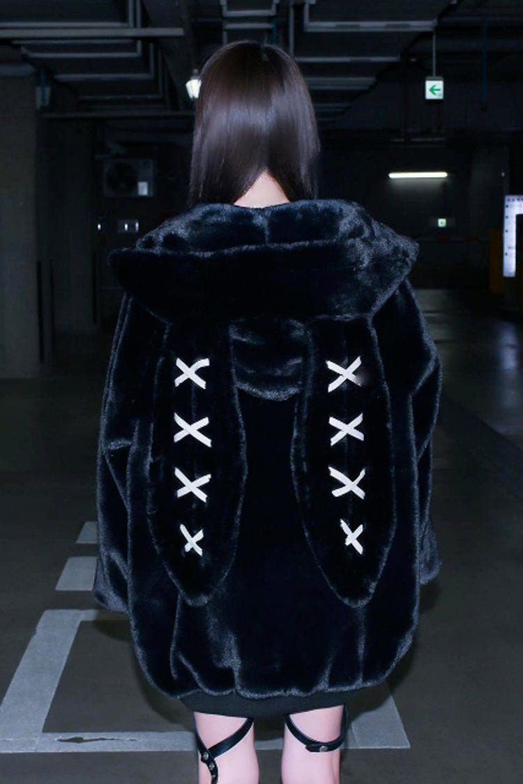 Black Rabbit Ears Long Sleeves Hooded Punk Jirai Kei Coat - Product - 4