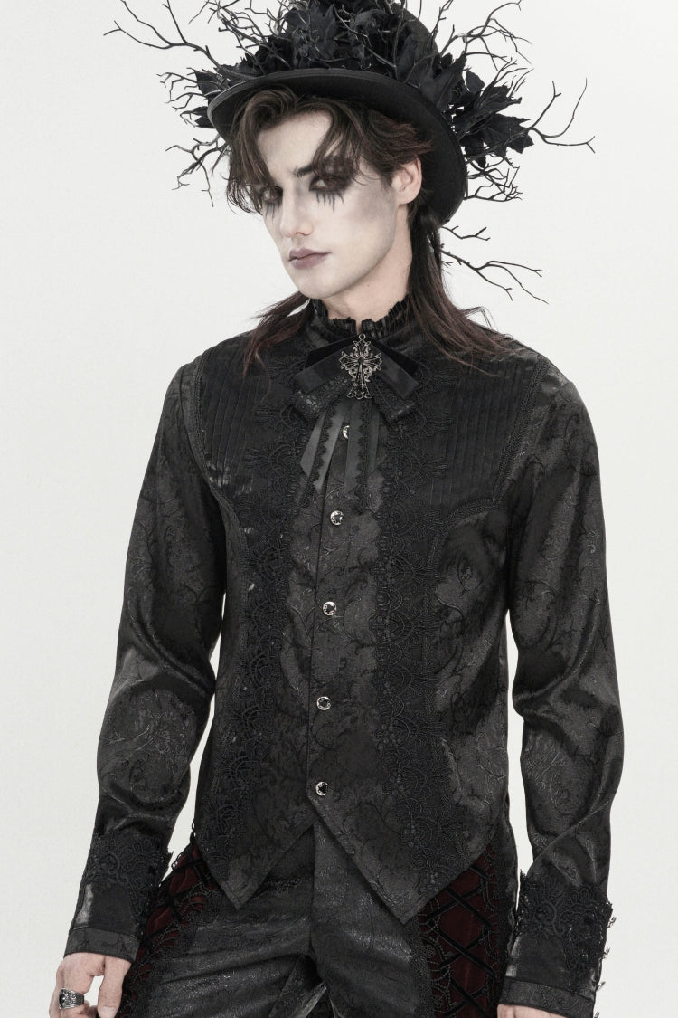 Black Stand Collar Long Sleeves Jacquard Embroidered Bow Lace Men's Gothic Palace Shirt - Product - 13