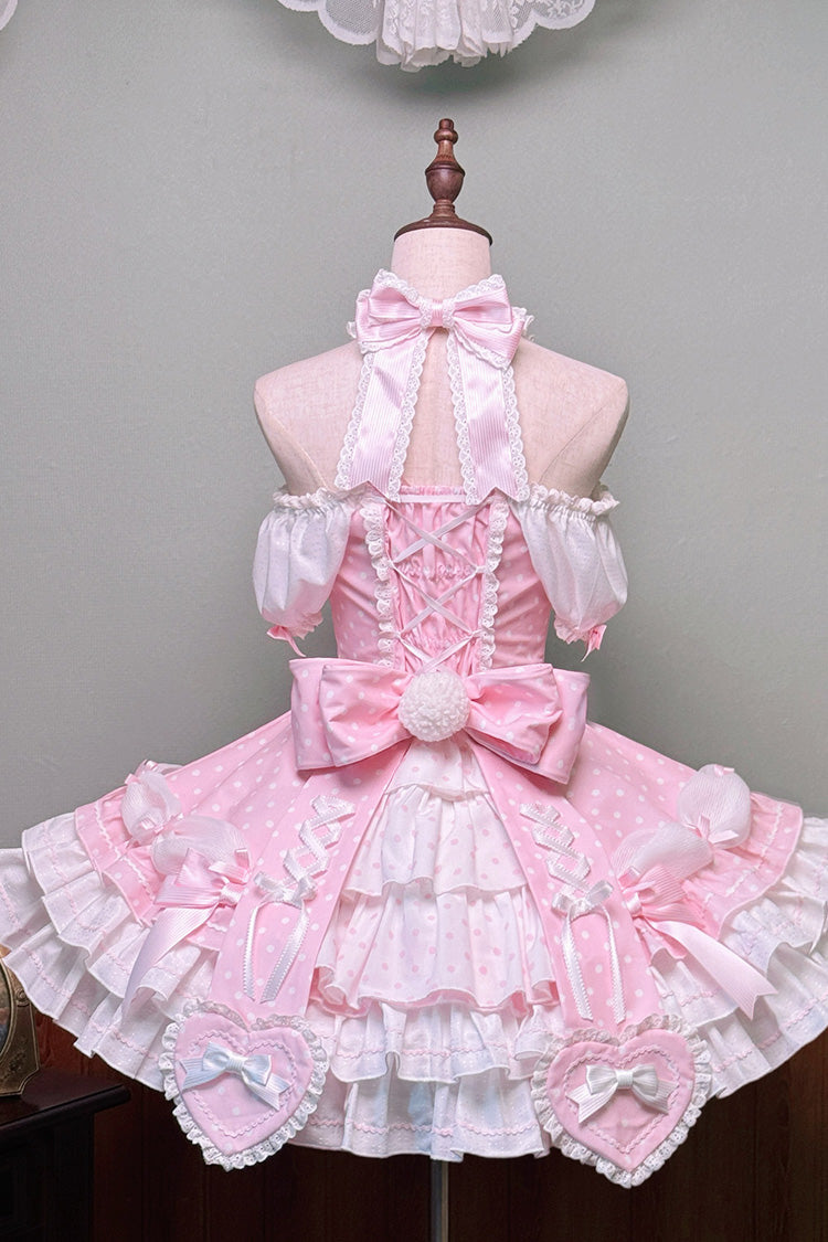 Pink Halterneck Short Sleeves Triple-Layered Polka Dot Printed Bow Lace-Up Sweet Lolita Dress - Product - 4