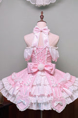 Pink Halterneck Short Sleeves Triple-Layered Polka Dot Printed Bow Lace-Up Sweet Lolita Dress - Product - 4