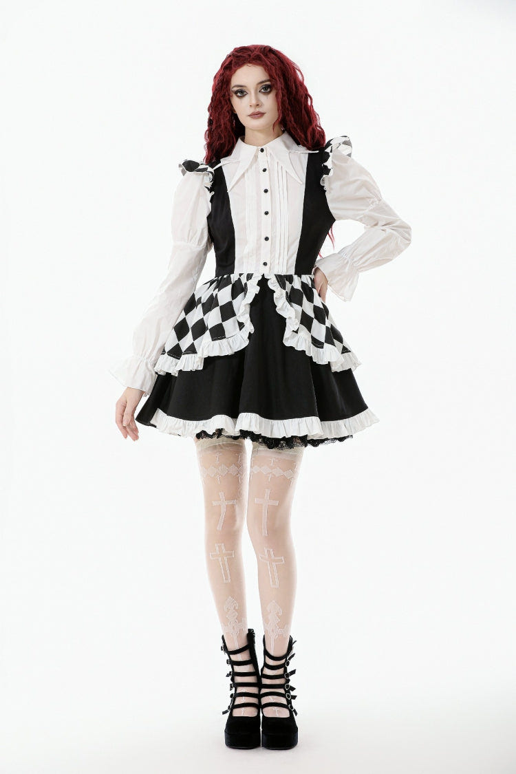 Black/White Harlequin Sharp Point Collar Long Puff Sleeves Women's Lolita Gothic Dress - Product - 7