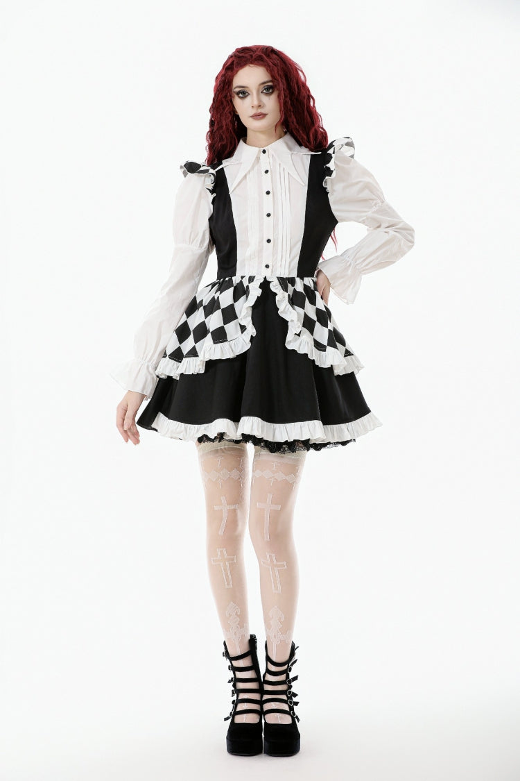 Black/White Harlequin Sharp Point Collar Long Puff Sleeves Women's Lolita Gothic Dress - Product - 7