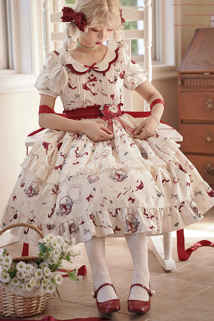 White Apple Tea Print Short Sleeves Country Style Ruffle Bowknot Sweet Lolita Dress (Plus Size Version) - Product - 5