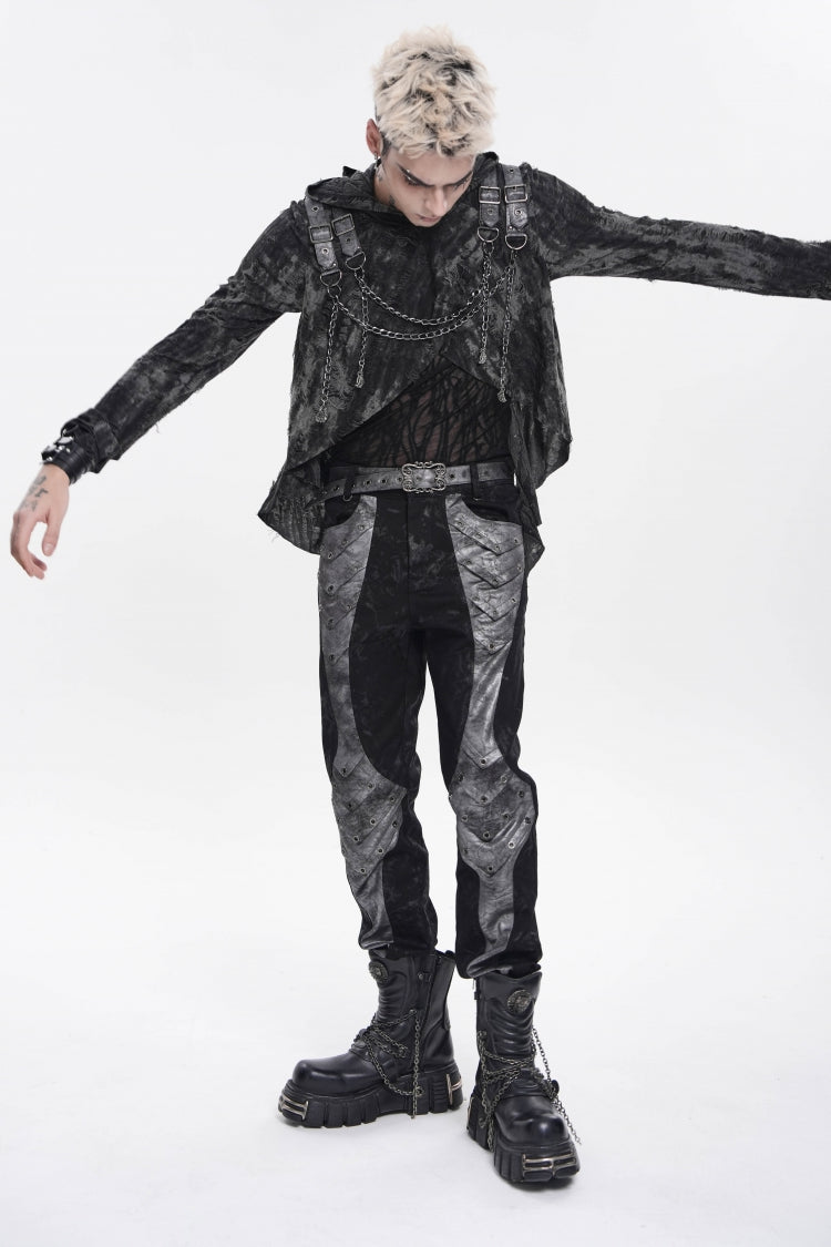 Grey Printed Cut-Out Spliced Color-Blocked Men's Punk Cool Pants - Product - 6