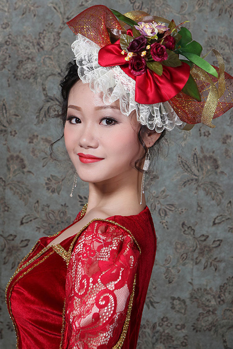 Red Hollow Embroidery Floral Print Half Sleeves High Waisted Victorian Lolita Prom Dress - Product - 5