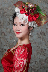 Red Hollow Embroidery Floral Print Half Sleeves High Waisted Victorian Lolita Prom Dress - Product - 5