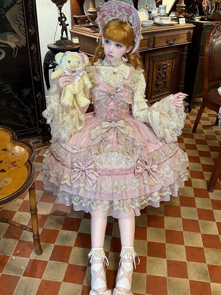 Pink Flower Bead Chain Bow Princess Lolita Dress detail view 5