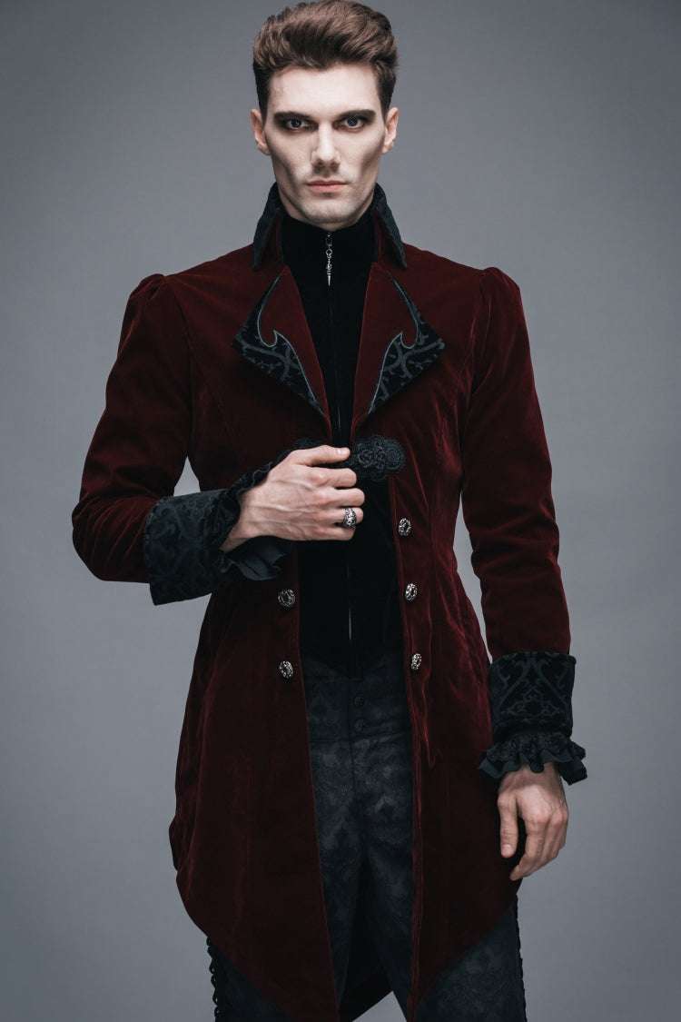 Wine Formal Party Turn Down Collar Long Sleeves Mens Gothic Swallowtail Coat - Product - 11