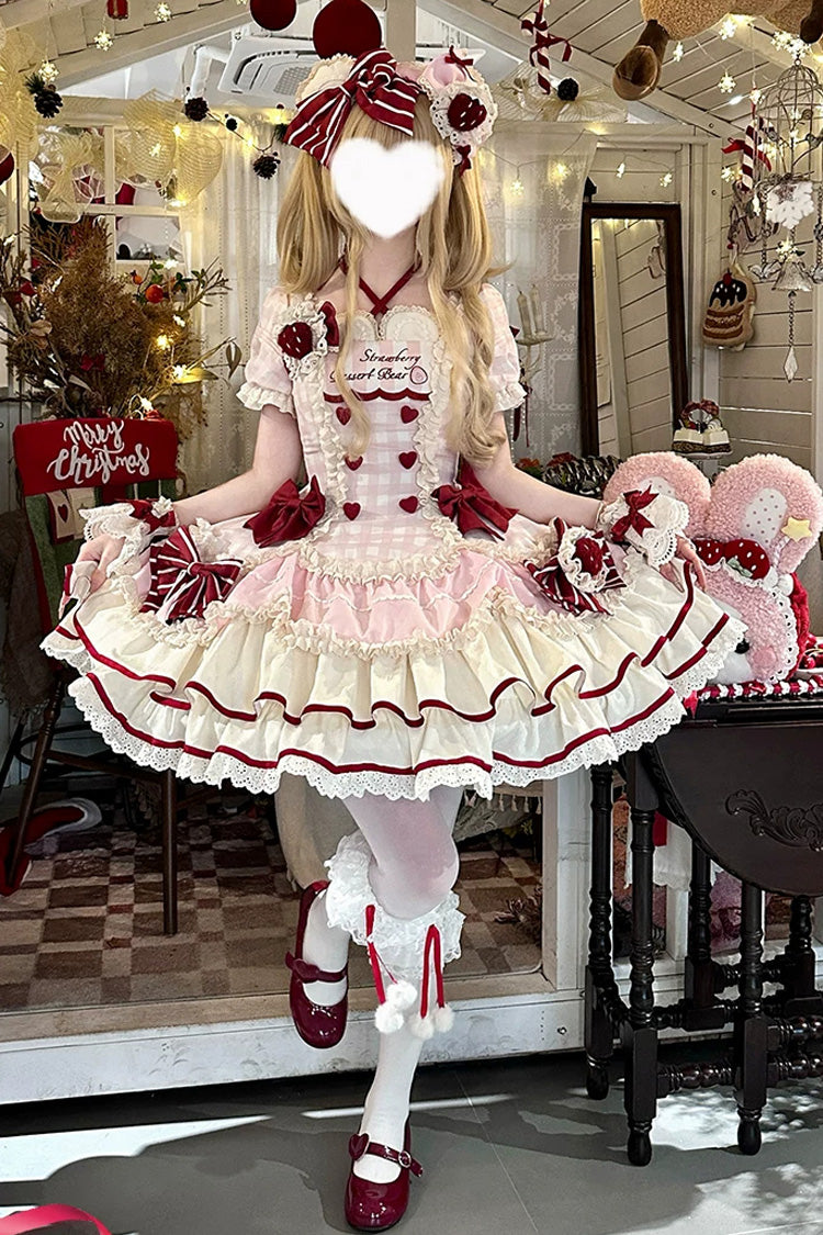 Pink [Sweetheart Strawberry Bunny] Square Collar Short Sleeves Triple-Layered Printed Ruffled Bow Sweet Lolita Dress - Product - 13
