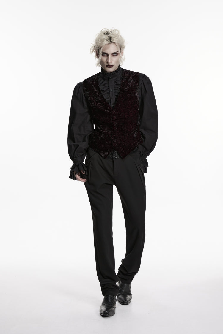 Black/Red V Collar Printed Slim Buckled Men's Gothic Retro Velvet Vest - Black/Red - 1