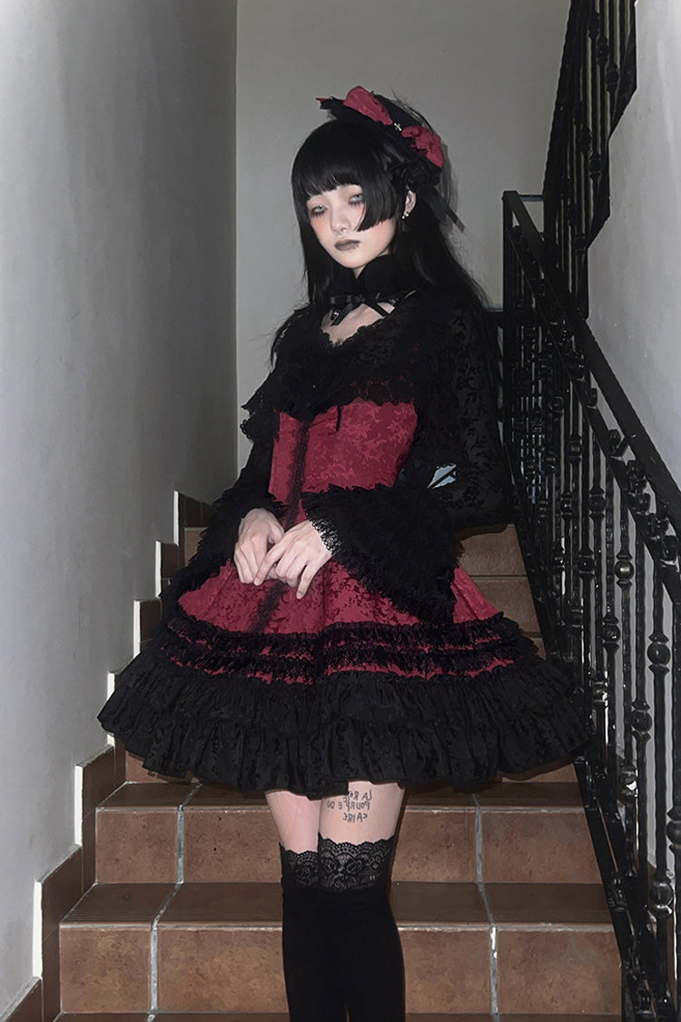 [Escape] Double-Layered Jacquard Striped Printed Ruffled Slim Gothic Lolita Jumper Dress 3 Colors - Product - 5