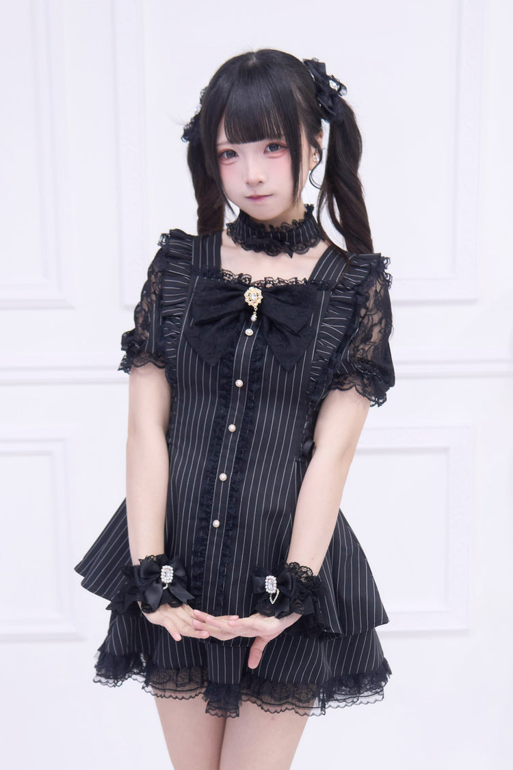 Black [Waltz] Short Sleeves Stripe Print Ruffle Bowknot Gothic Jirai Kei Japanese Dress Set - Product - 2