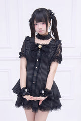 Black [Waltz] Short Sleeves Stripe Print Ruffle Bowknot Gothic Jirai Kei Japanese Dress Set - Product - 2