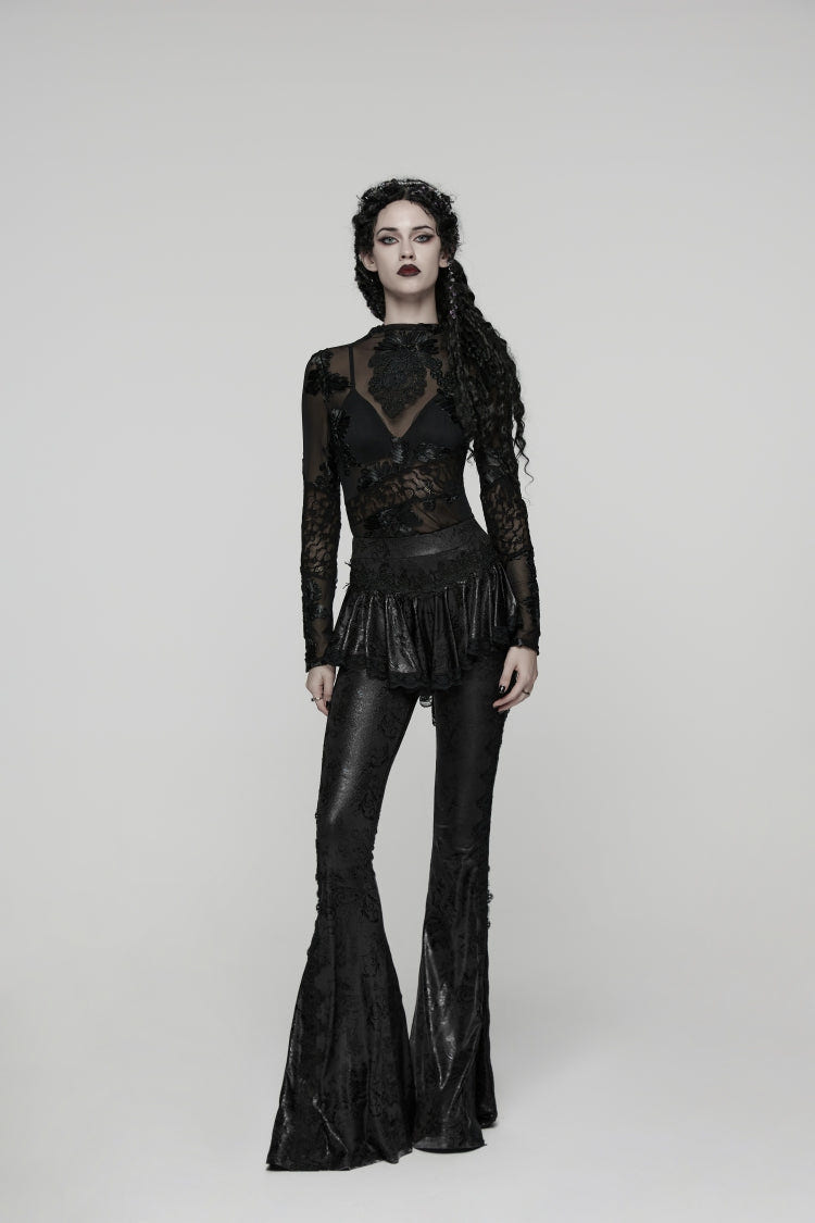 Black Printed Lace Slim Faux Two-Piece Women's Gothic Flared Pants - Black - 1
