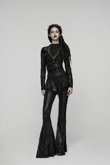 Black Printed Lace Slim Faux Two-Piece Women's Gothic Flared Pants - Black - 1