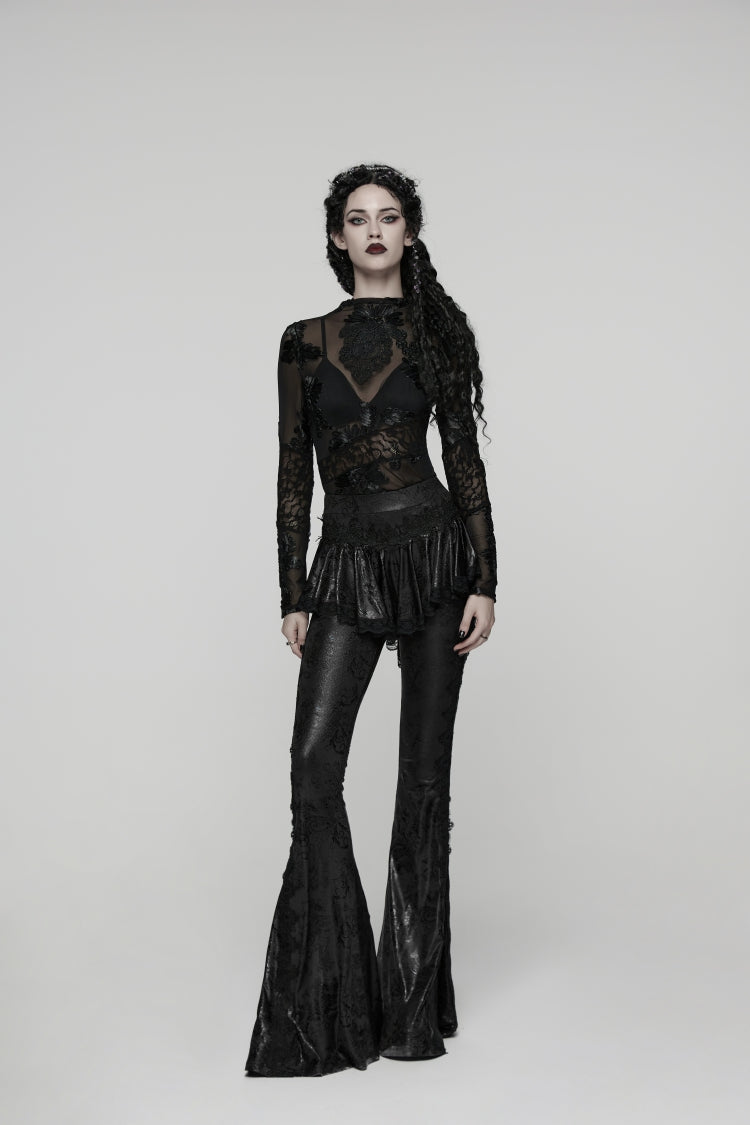 Black Printed Lace Slim Faux Two-Piece Women's Gothic Flared Pants - Black - 1
