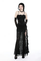 Black Sleeveless Side Slit Ruffled Lace Lace-Up Women's Gothic Maxi Slip Wedding Dress - Product - 11
