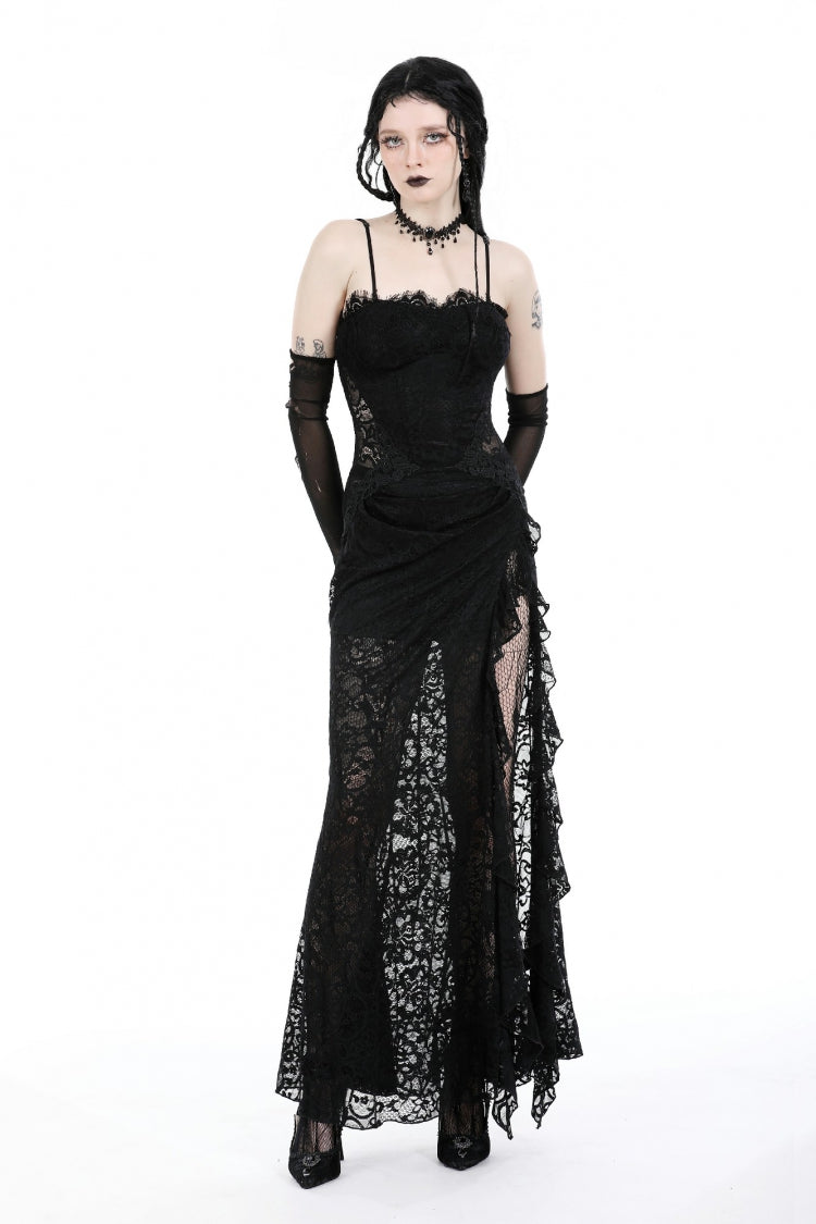 Black Sleeveless Side Slit Ruffled Lace Lace-Up Women's Gothic Maxi Slip Wedding Dress - Product - 11