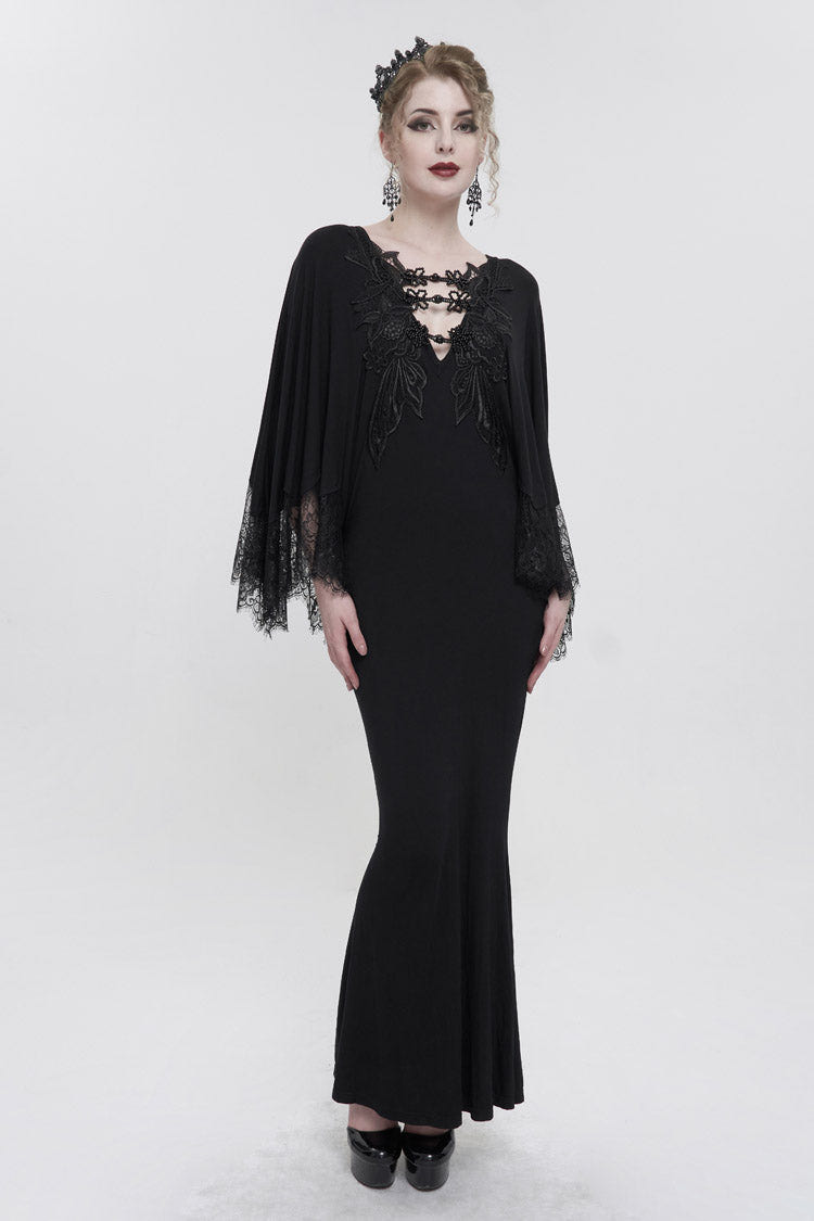 Black Deep V Neck Bat Sleeve Chest Appliqu Lace Bead Buckle Connection Small Fishtail Long Women's Gothic Dress - Product - 3