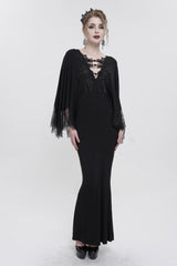 Black Deep V Neck Bat Sleeve Chest Appliqu Lace Bead Buckle Connection Small Fishtail Long Women's Gothic Dress - Product - 3
