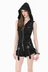 Black Sleeveless Studded Zippered Women's Punk Hooded Vest - Black - 1