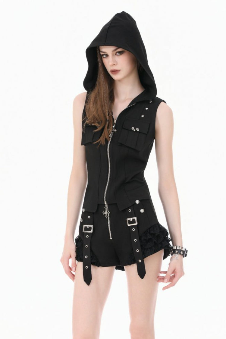 Black Sleeveless Studded Zippered Women's Punk Hooded Vest - Black - 1