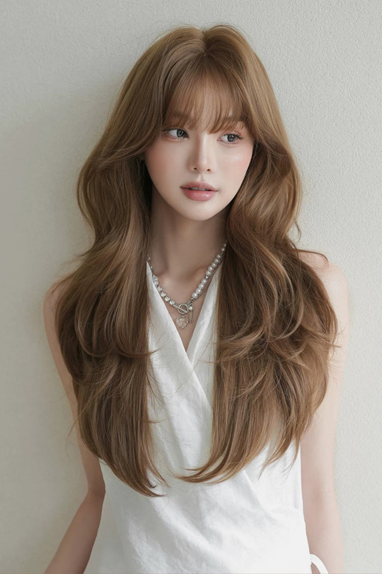 Milky Coffee Korean Style High-Layered Long Wavy Sweet Lolita Wig with Air Bangs - Product - 6