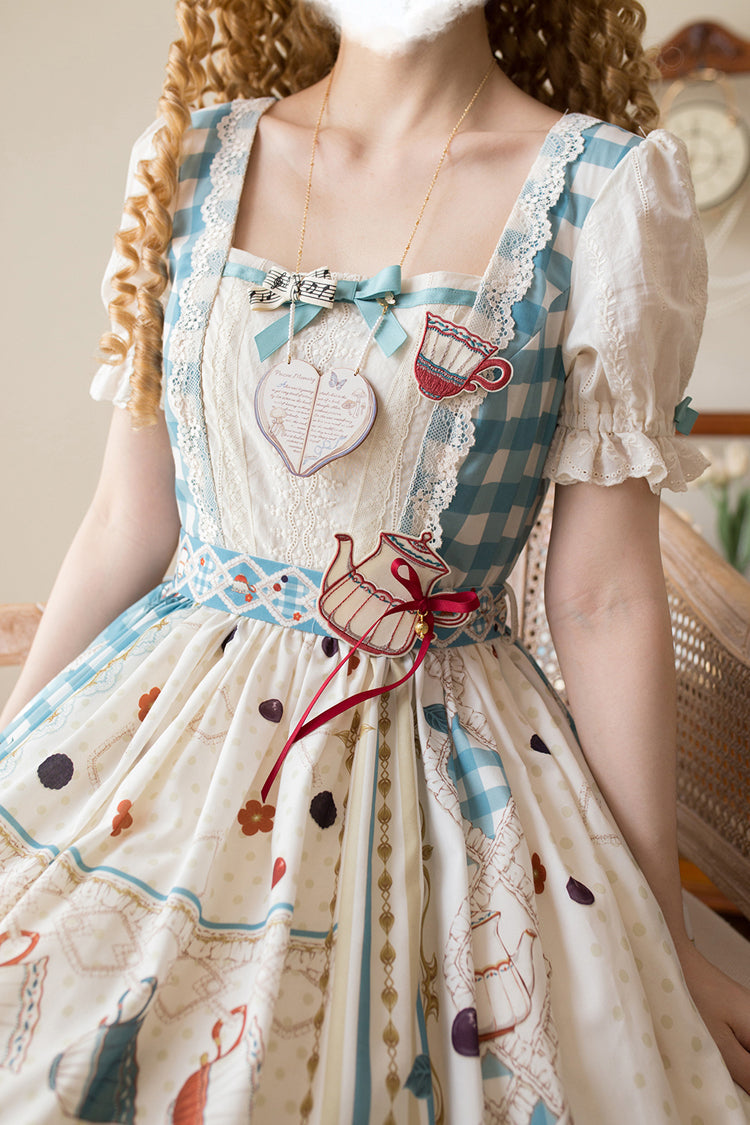 Blue/Green [Tea Party] Short Sleeves Print Ruffle Bowknot Lace Sweet Elegant Lolita Dress - Product - 14